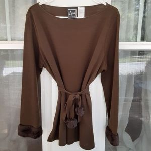 VINTAGE  1980's Lennie Nina Leonard Acrylic Sweater with Faux Fur Trim